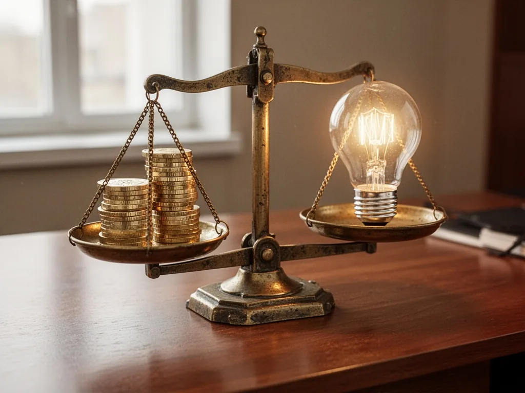 A vintage brass balance scale with a stack of shiny euro coins on one side and a glowing lightbulb on the other, resting