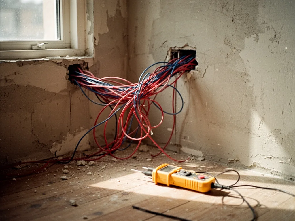 A tangled bundle of red and blue electrical wires protruding from a bare plaster wall, a yellow voltage tester resting o
