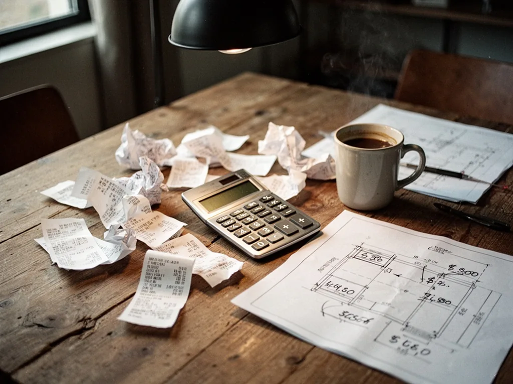 A wooden table scattered with crumpled receipts, a silver calculator, a half-empty coffee mug, and a blueprint with hand