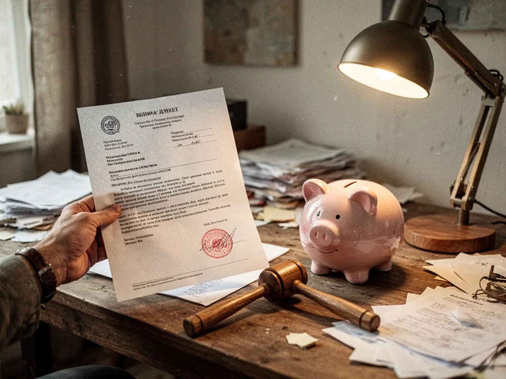 A left hand holding an official document with a red approval stamp, a wooden hammer and a ceramic piggy bank on a messy