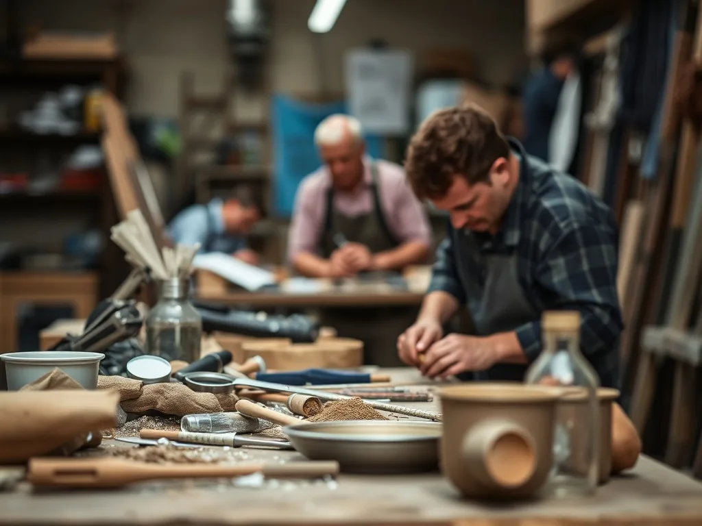 Un intérieur en chantier, moitié outils professionnels, moitié matériel de bricolage, un plan de travail mixte artisan et DIY