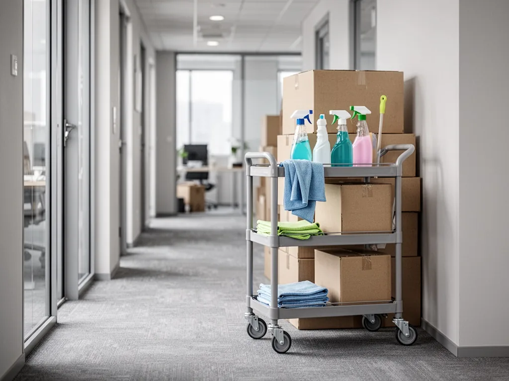 A cleaning cart with spray bottles and microfiber cloths beside stacked moving boxes in a sunlit office hallway, neutral