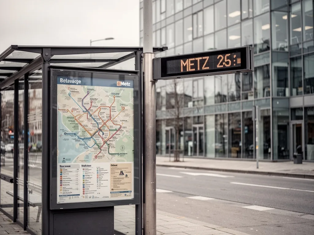 A Metz city bus stop with route map and digital display next to a glass office building, soft muted light, empty sidewal
