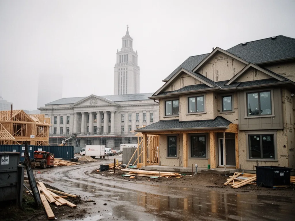 A construction site with a city hall tower in distant background and a residential house under construction in foregroun