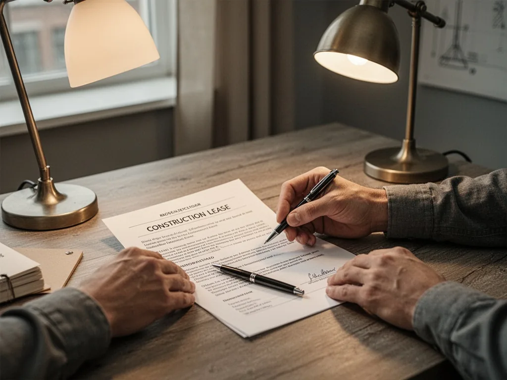Two hands signing a construction lease contract on a wooden desk, a pen resting on the paper, warm desk lamp light, lega