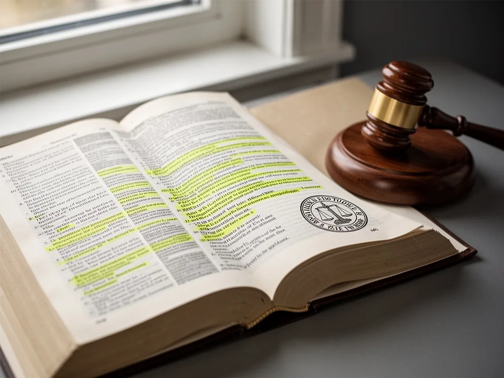 A legal textbook open to a page with highlighted text, a judicial seal stamp and a wooden gavel beside it, soft natural 