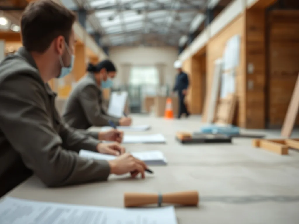 Un contrat de bail à construction posé sur une table d'architecte, avec des plans de bâtiment en arrière-plan