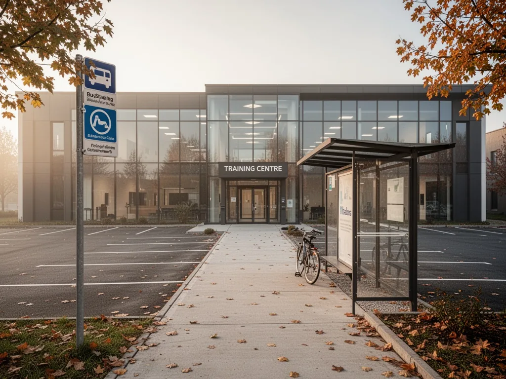 A modern training centre building with glass facade and a bus stop sign in early morning light, empty parking lot, a sin