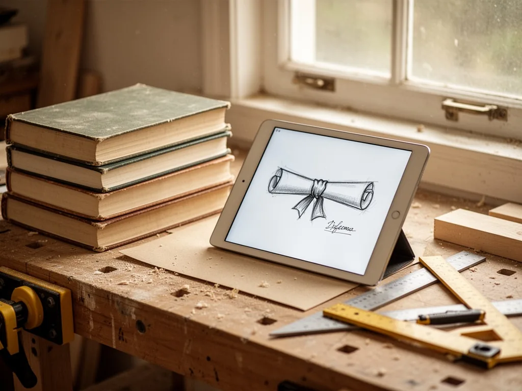A workbench with a stack of textbooks, a tablet showing a diploma sketch, and a carpenter's square, soft natural light f
