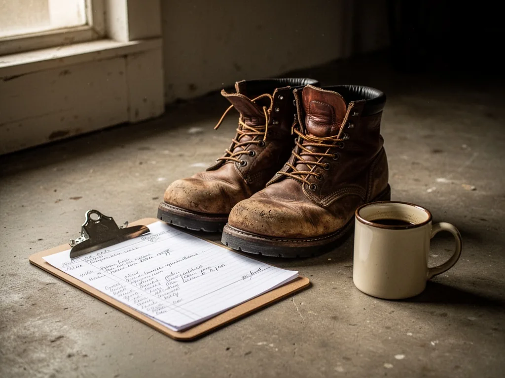 A pair of worn leather work boots on a concrete floor, a clipboard with handwritten notes and a coffee mug beside them, 
