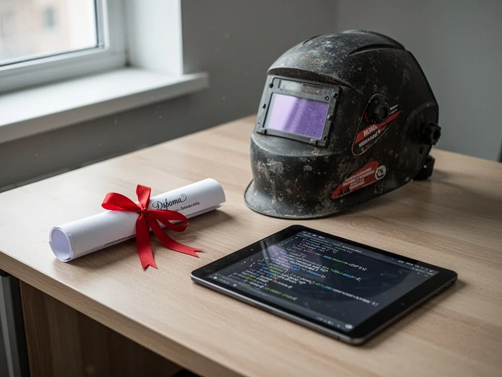 A wooden desk with three objects: a diploma rolled with red ribbon, a welding helmet, and a tablet showing code, soft wi
