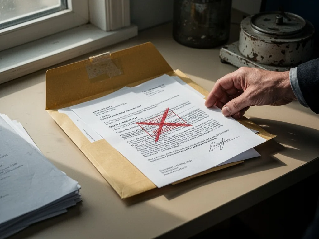 A manila envelope open on a desk, a contract with a red X stamped over fine print, a hand pushing it aside, morning ligh