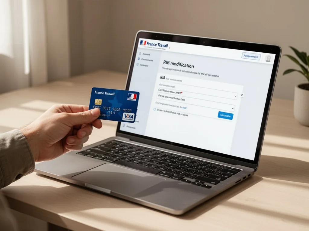 A person's hand holding a blue bank card near a laptop screen displaying a France Travail account page with RIB modifica