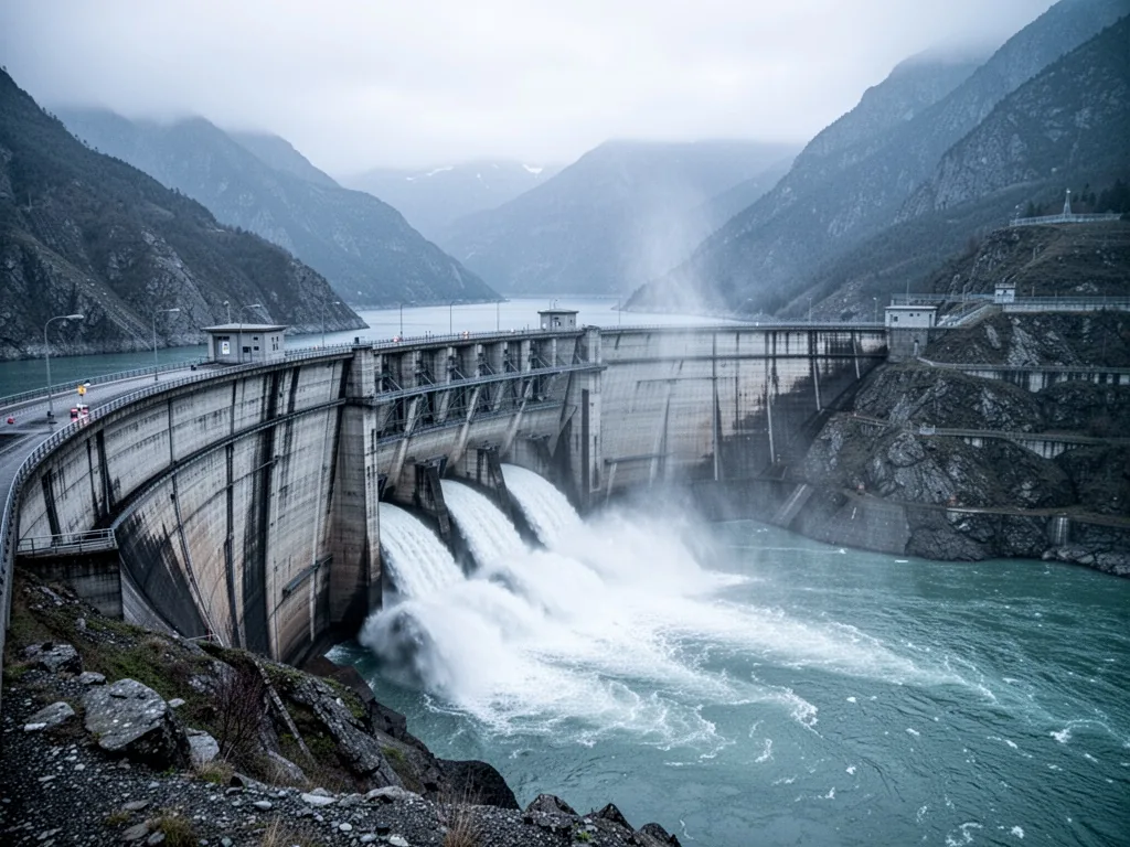 A massive curved concrete dam with water thundering through open floodgates, spray mist rising, rugged mountain slopes f
