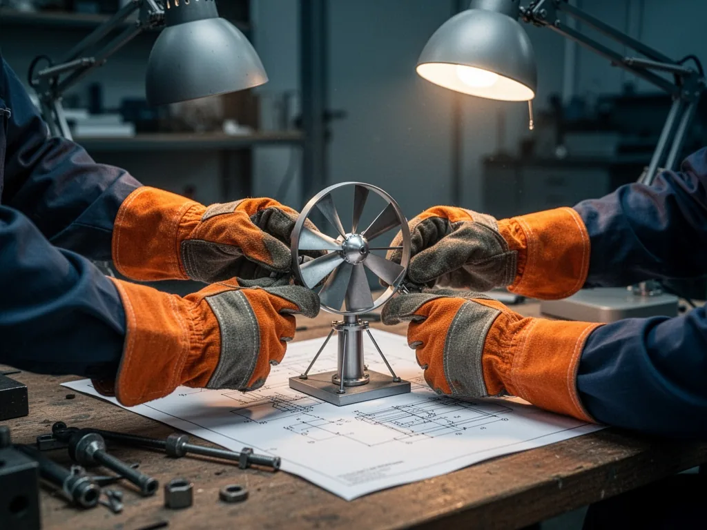 Two pairs of hands in orange safety gloves carefully adjusting a miniature turbine model on a wooden workbench, blueprin