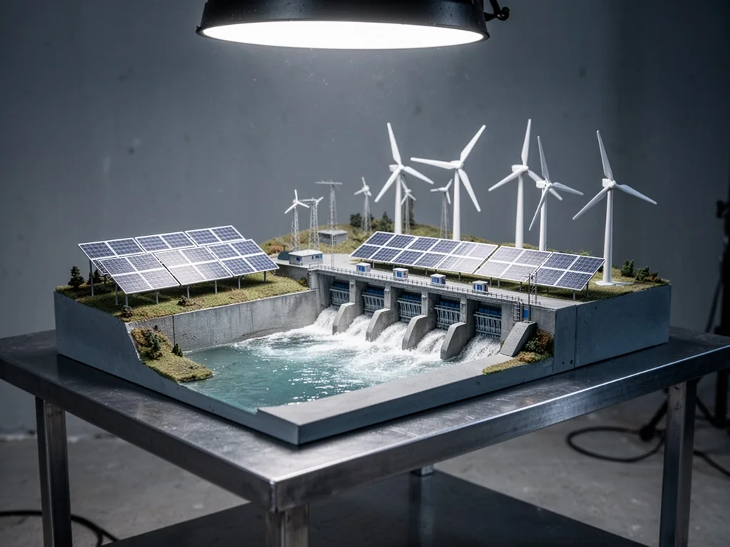 A detailed scale model of a hydroelectric plant with solar panels and wind turbines, placed on a sleek metal table, soft
