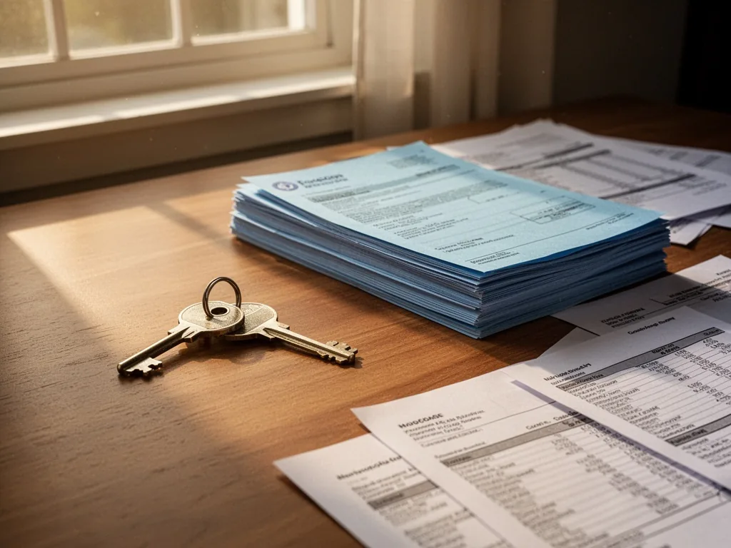 A key lying on a wooden desk next to a stack of blue housing documents, sunlight streaming through a window, financial p