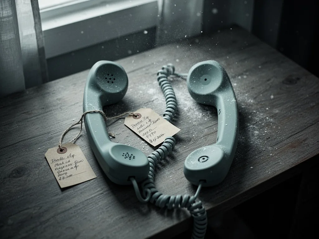 A landline phone receiver on a wooden desk, one with a tiny price tag dangling, the other without any tag, dust motes in