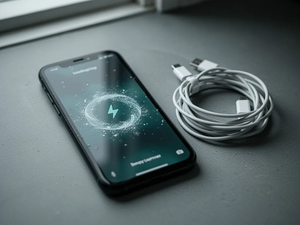 A smartphone screen frozen on a loading spinner, tangled white charging cable coiled beside it, shallow depth of field