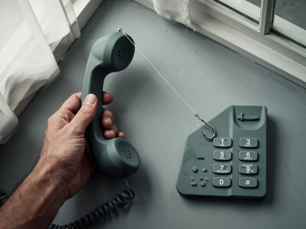 A hand holding a phone receiver, a thin fishing line attached to the earpiece, ending in a sharp hook near a keypad