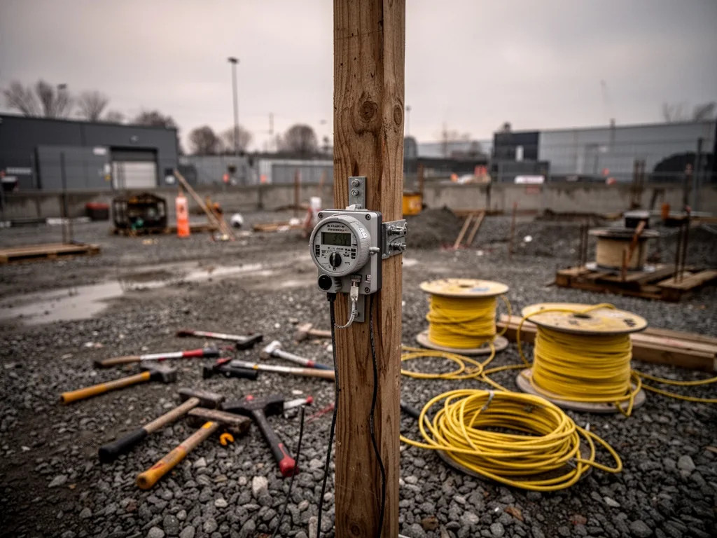 A temporary construction site meter mounted on a wooden post, scattered tools and yellow cable spools on gravel ground,