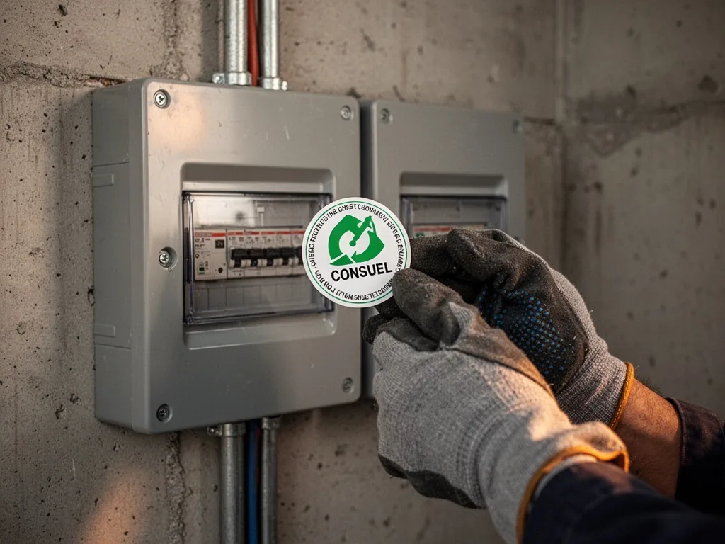 An electrician's gloved hand holding a Consuel conformity sticker near a grey electrical panel, concrete wall background