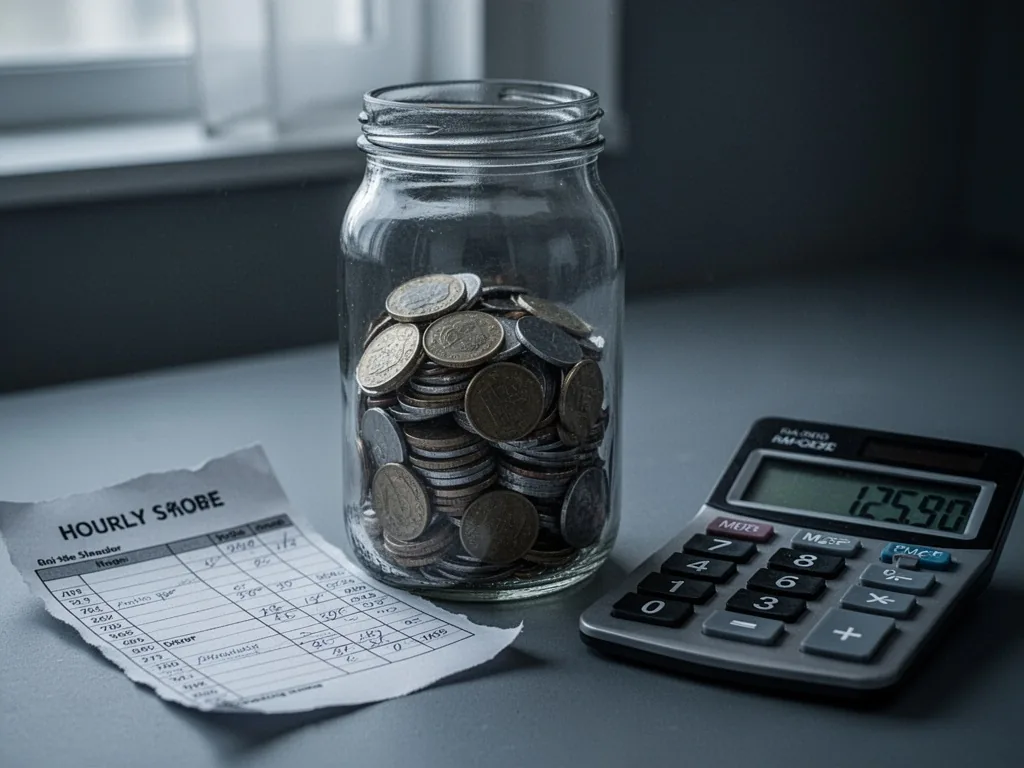 A glass jar half-filled with coins, a torn hourly schedule next to it, a calculator with negative numbers, muted gray ba