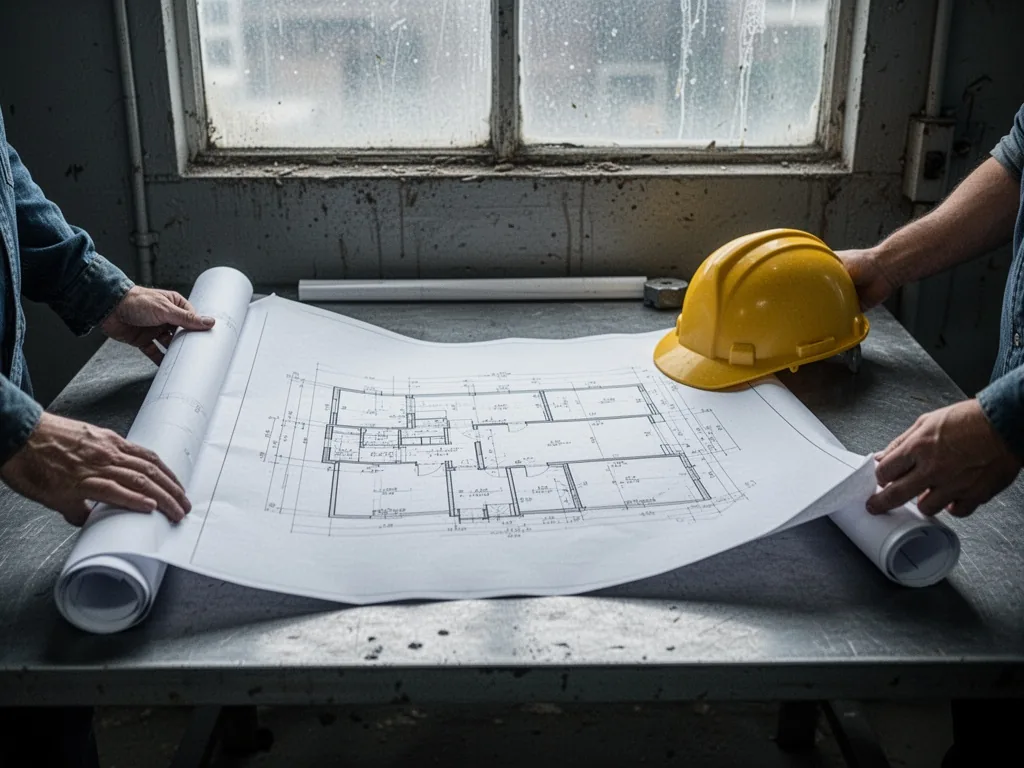 A blueprint partially unrolled on a metal table, three different hands holding corners, a yellow hard hat resting nearby