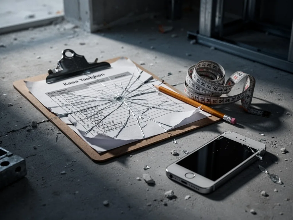 A cracked clipboard with a torn paper list, a bent measuring tape coiled around a pencil, a dropped phone face-up, dim c
