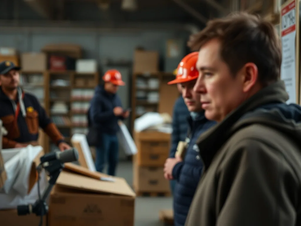 Un conducteur de travaux avec un casque, tablette en main, examinant un plan sur un chantier animé avec grues et ouvriers