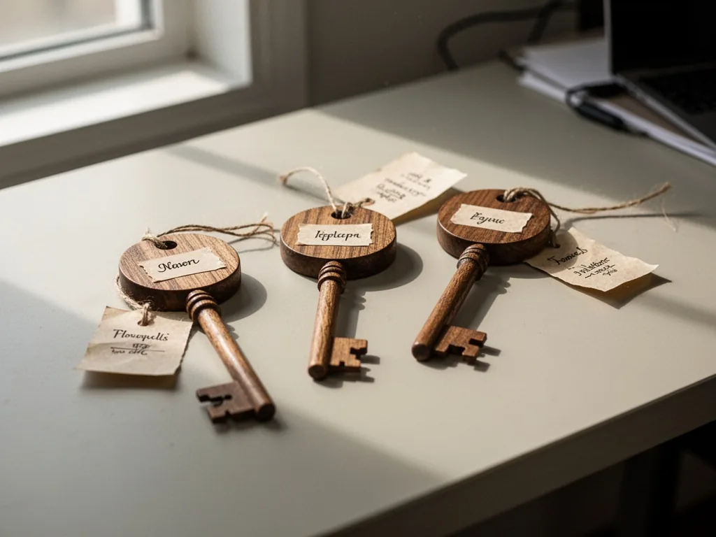 Three wooden keys on a pale desk, each labeled with a small paper tag, soft window light casting gentle shadows