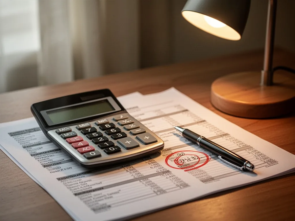 A calculator resting on a financial report, a pen lying beside a circled number, warm desk lamp glow