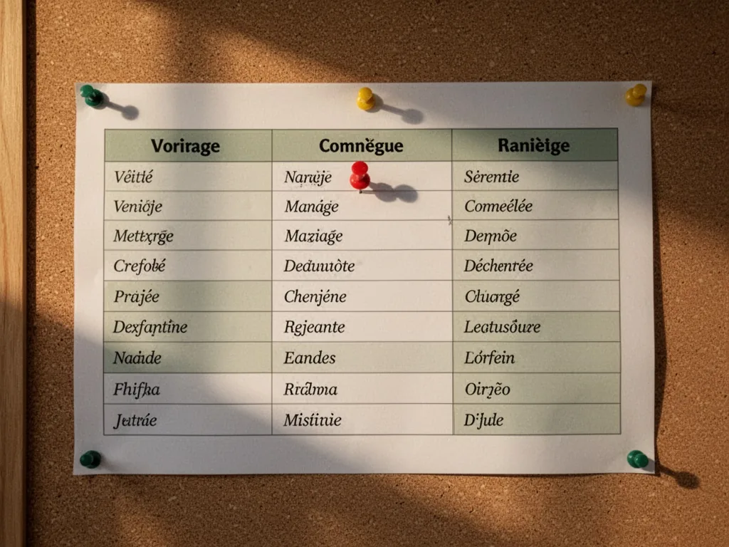 A printed table on a corkboard with three columns labeled in French, a red pushpin marking one row, afternoon light