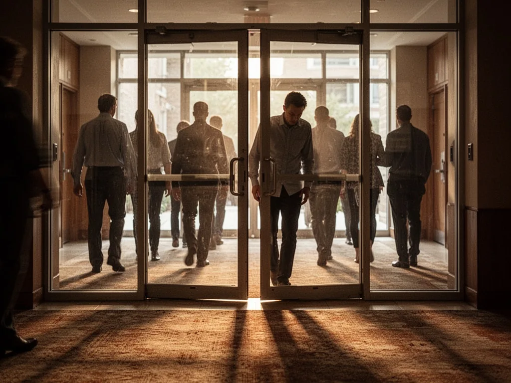 A glass door with diverse silhouettes of people approaching, one person hesitating at the threshold, warm interior light