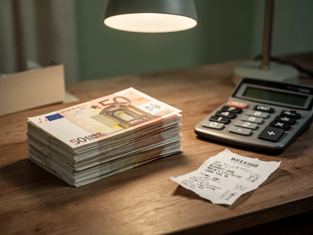 A stack of euro banknotes on a wooden desk next to a calculator and a torn receipt, soft overhead lamp light, muted gree
