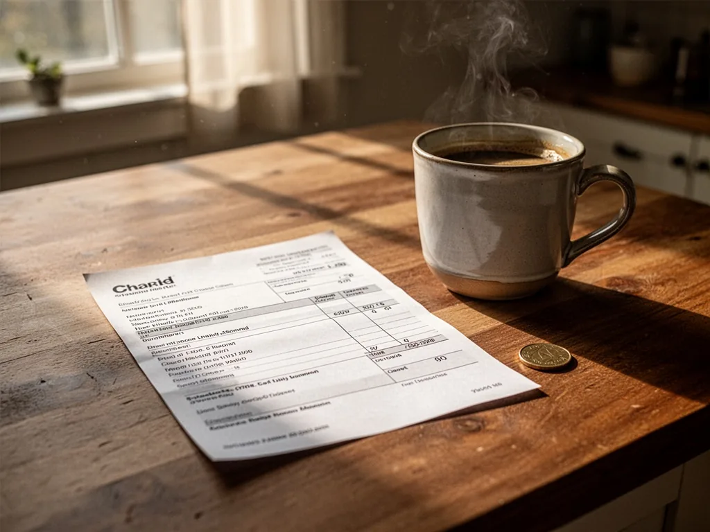A crisp pay stub on a kitchen table next to a coffee cup, morning sunlight streaming through a window, a single coin bes