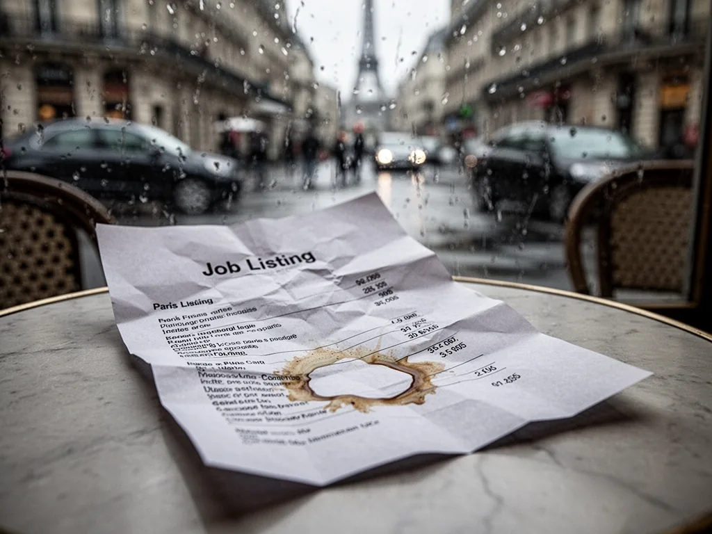 A crumpled job listing on a Parisian café table, coffee ring staining the salary number, blurred street scene through ra