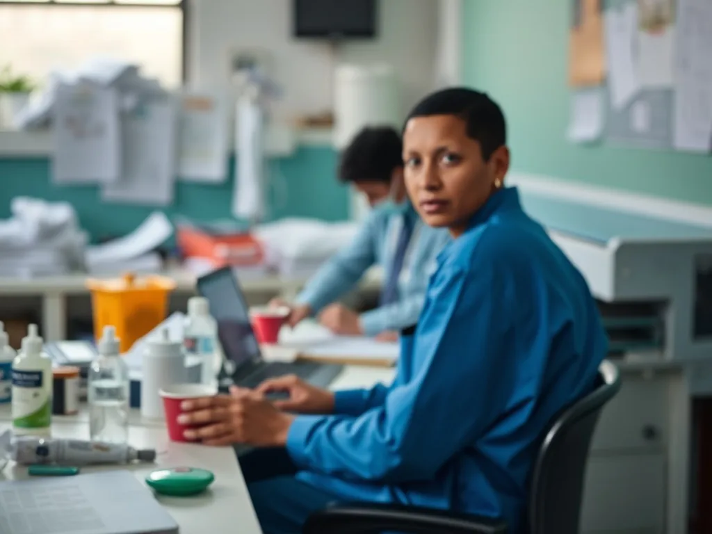Une femme en blouse médicale souriante, assise à un bureau avec un ordinateur et un téléphone, entourée de dossiers