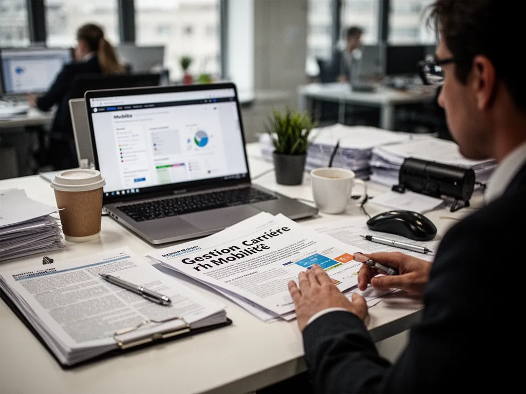 Bureau RH avec organigramme et fiches de compétences posées sur une table