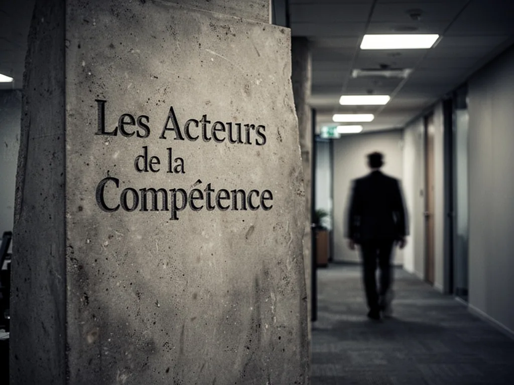 A large stone monument inscribed with 'Les Acteurs de la Compétence', a blurred silhouette of a person walking away, dim