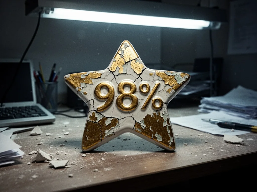 A cracked ceramic star rating badge with 98% painted in peeling gold, resting on a dusty office desk under harsh fluores