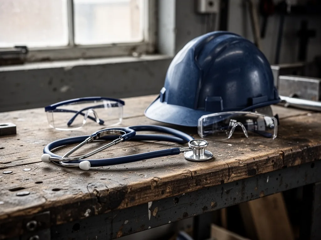 A stethoscope draped over a worn wooden workbench next to a hard hat and safety glasses, soft daylight from a workshop w