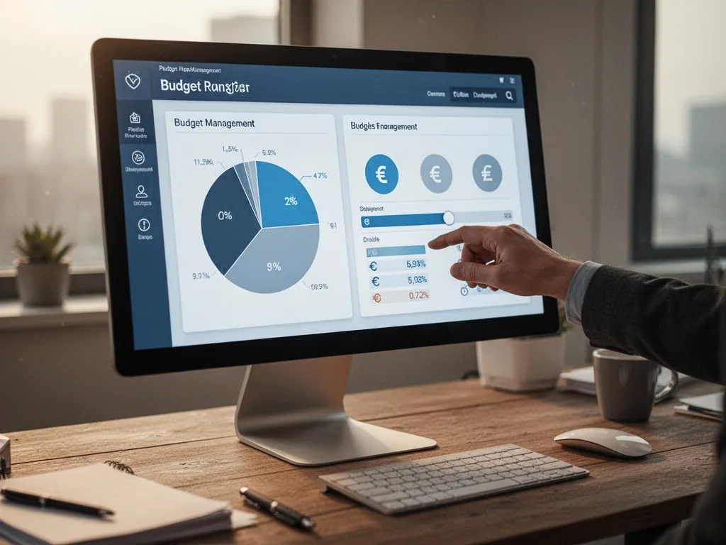 A sleek computer monitor on a wooden desk showing a budget management interface with pie charts and currency symbols, a