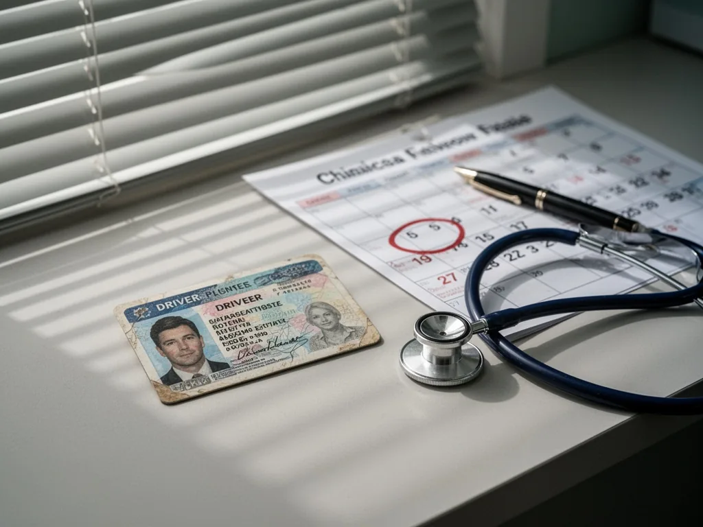 A worn driver's license card and a stethoscope placed on a clinic desk, soft daylight through venetian blinds casting ge