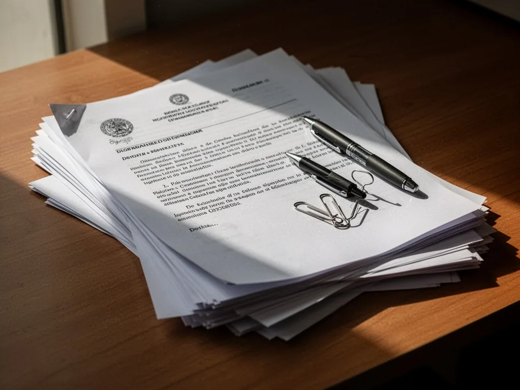 A stack of official documents with a pen and paperclip on a wooden desktop, warm afternoon light slanting across the pap