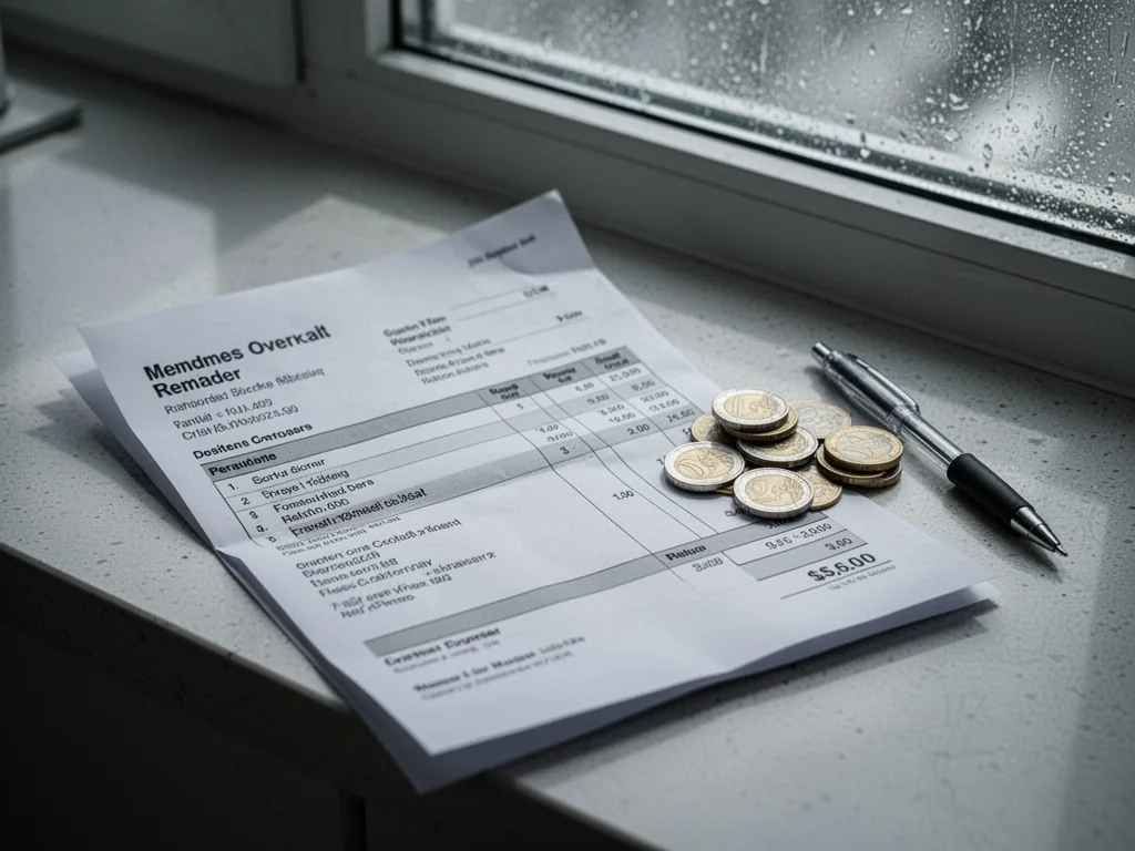 A medical invoice and a small pile of euro coins on a countertop next to a pen, cool overcast window light emphasizing t