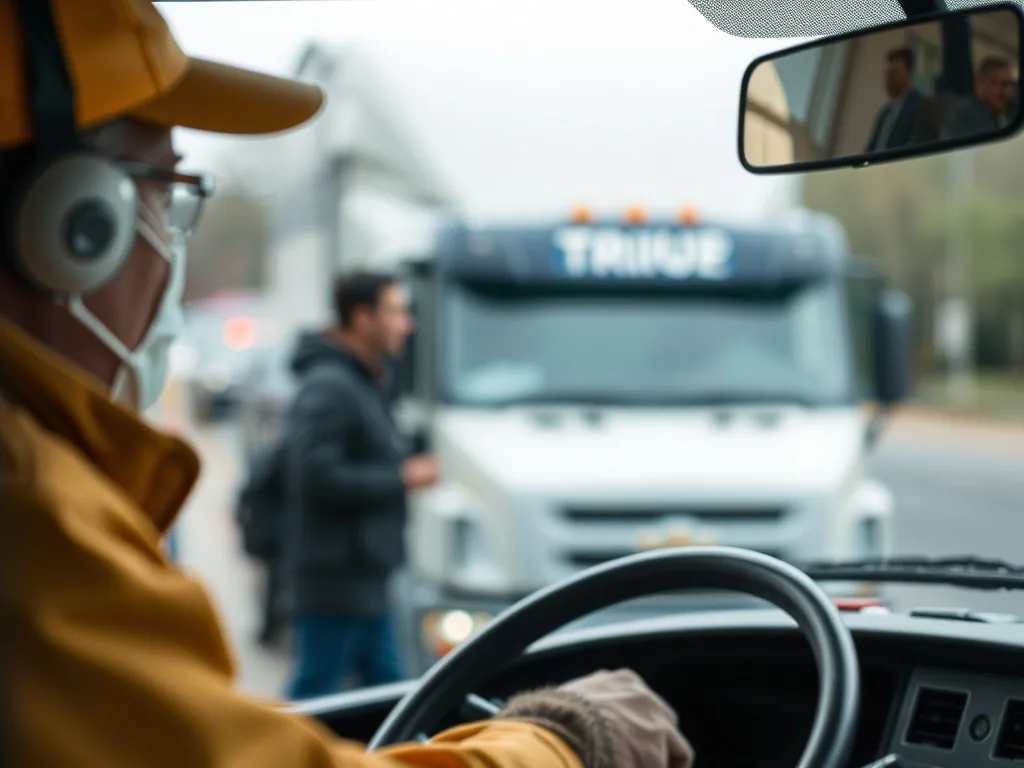 Un conducteur de poids lourd présente son permis et un dossier médical, avec en arrière-plan un camion stationné