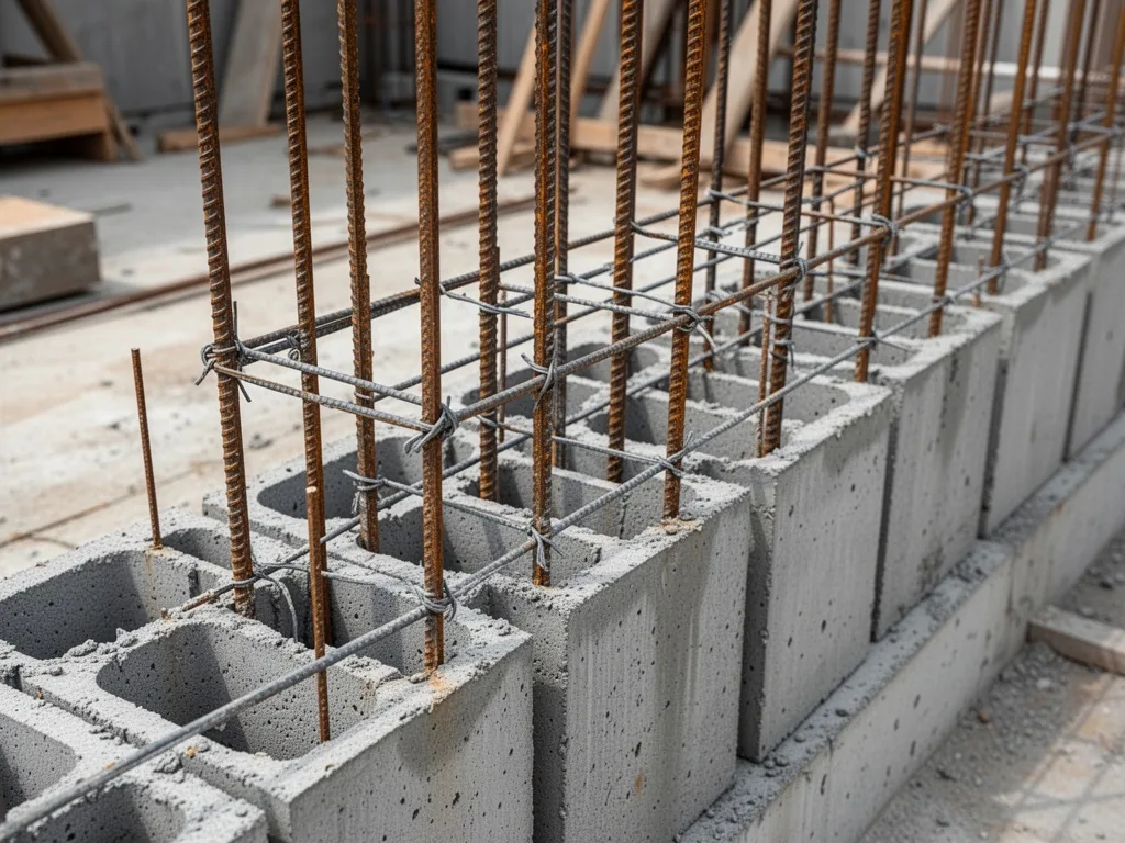 Vertical steel rebars rising from a row of hollow concrete blocks, horizontal ties wired tightly at regular intervals, r