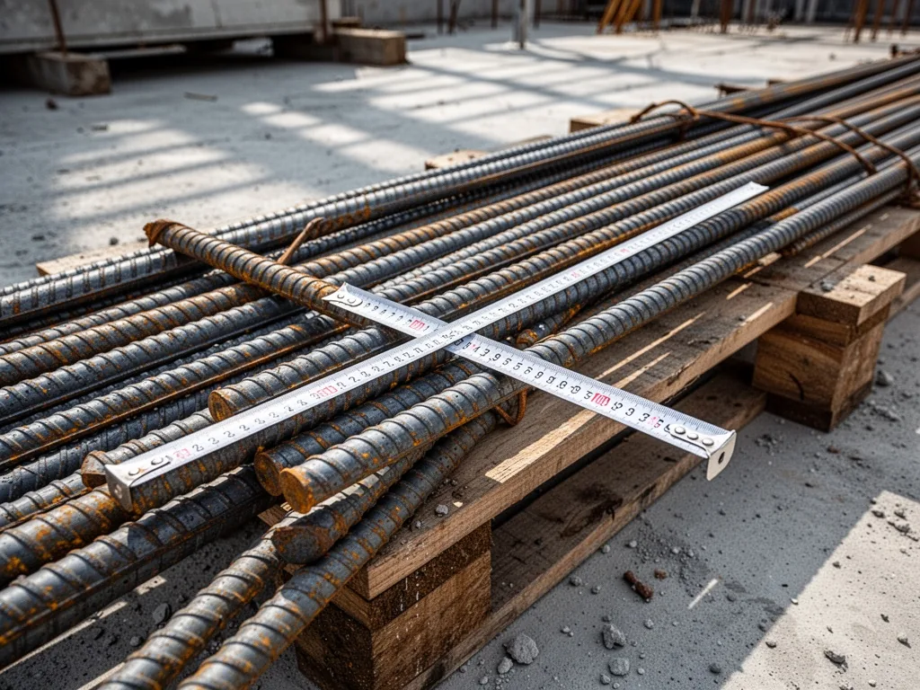A steel measuring tape lying across a bundle of ribbed rebar rods on a wooden pallet, sunlight casting long shadows, con