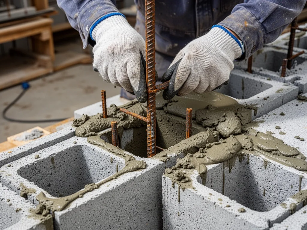 A construction worker's gloved hands lowering a steel rebar into the cavity of a hollow concrete block, wet mortar on ad